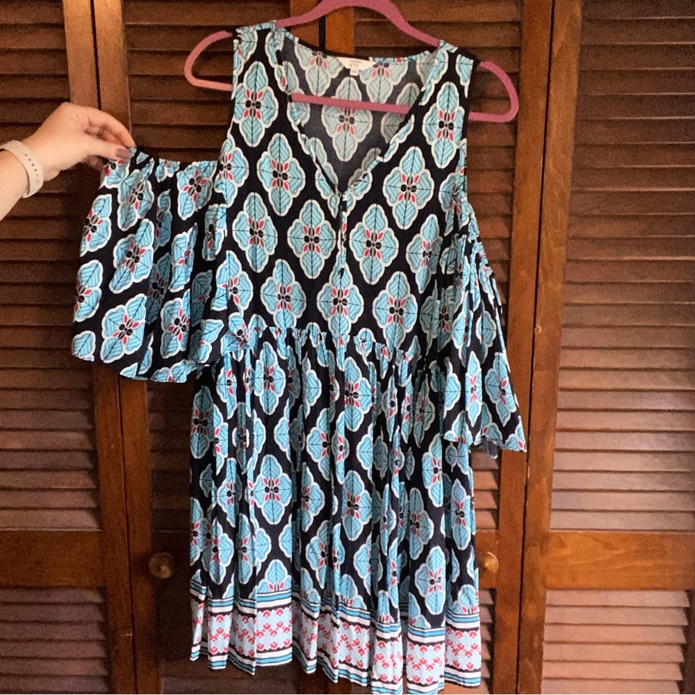 Blue patterned ruffle sleeve dress - Picture 2 of 6